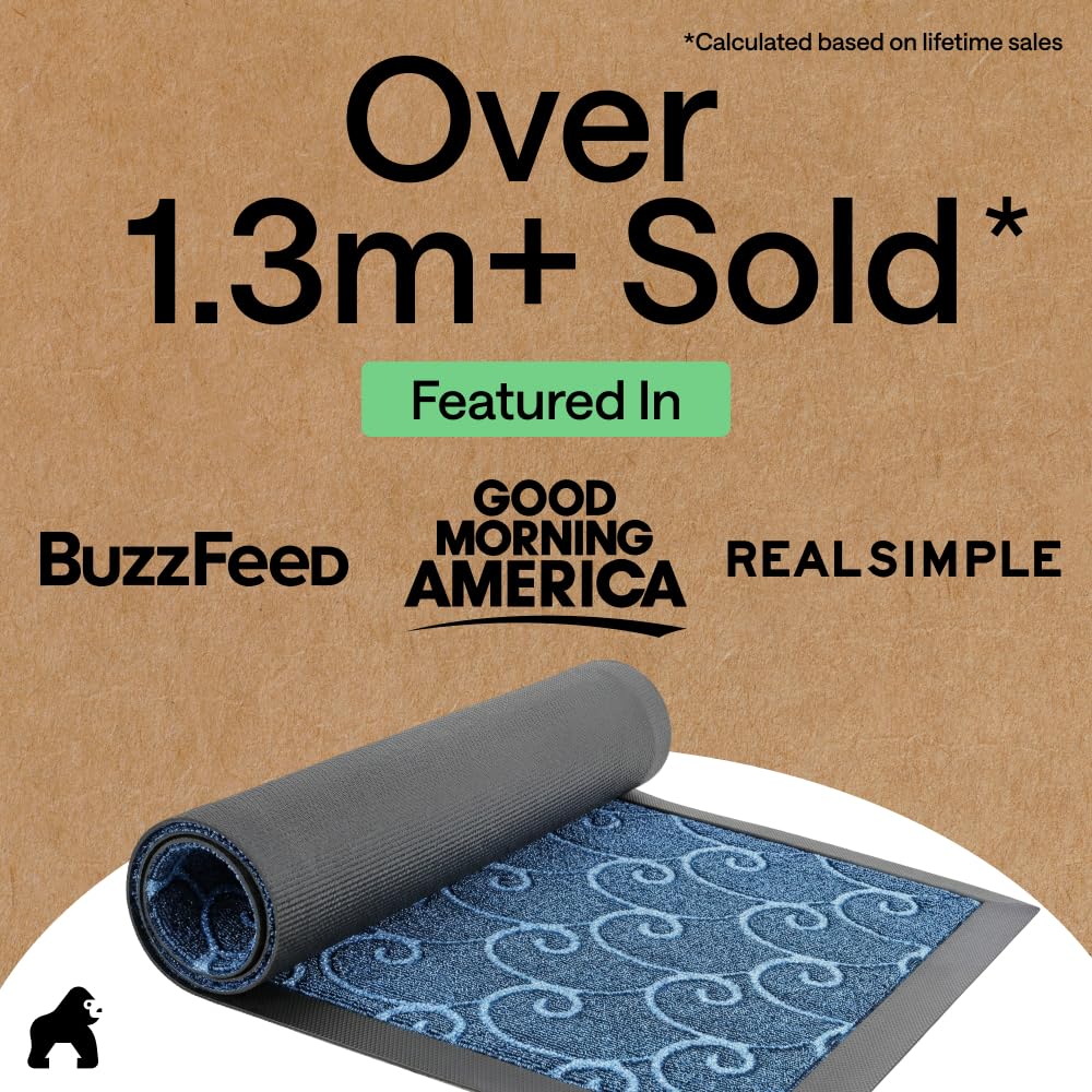 GORILLA GRIP 100% Waterproof All-Season WeatherMAX Doormat 35x23, US Designed Natural Rubber, Stain and Fade Resistant, Low Profile Indoor Outdoor Door Mats, Easy Clean Patio Mat, Ocean Blue Waves