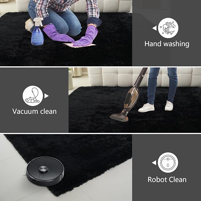 9X12 Large Shag Area Rugs for Living Room Bedroom,Big Soft Fluffy Rug for Bedroom Dorm, Indoor Carpet Nursery Rugs for Kids Girls Room Home Decor (Black, 9X12 Feet)