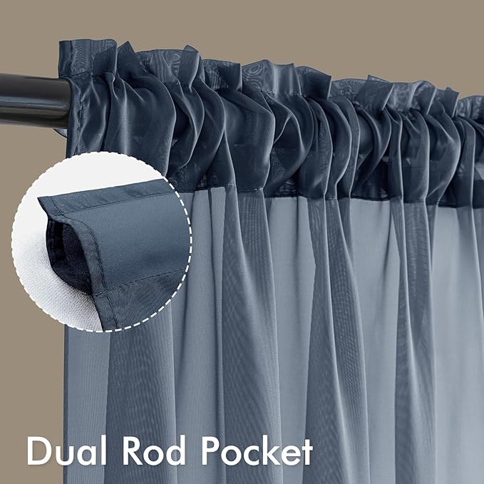 MIULEE Navy Blue Sheer Curtains 63 Inches Long, 4 Panels Set, Light Filtering Rod Pocket Voile Drapes Window Treatments, Semi Transparent Airy Fabric for Bedroom and Living Room, 54 x 63 Inches
