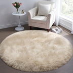 Fluffy Round Rug for Kids Room Beige Circle Faux Fur Area Rug for Bedroom, 4x4 Fuzzy Shag Rugs Furry Nursery Rug Teepee Mat, Circular Plush Floor Carpet