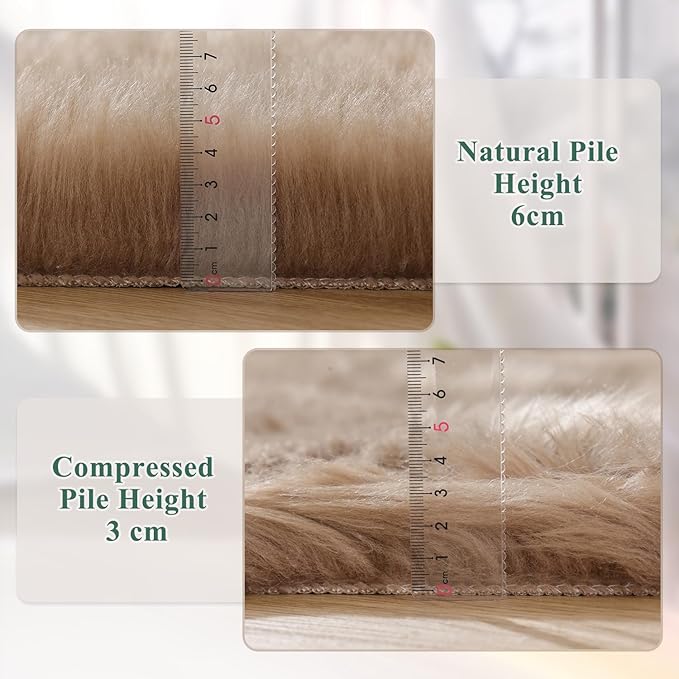 ORINOVA Beige Fuzzy Living Room Washable Area Rug 5ft Round Shag Faux Sheepskin Nursery Rug for Bedroom Teen Room Home Decor Soft Fluffy Circle Carpet