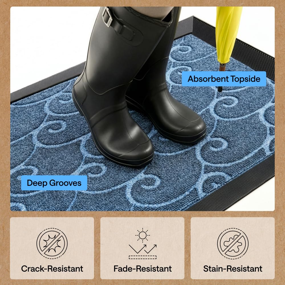 GORILLA GRIP 100% Waterproof All-Season WeatherMAX Doormat 35x23, US Designed Natural Rubber, Stain and Fade Resistant, Low Profile Indoor Outdoor Door Mats, Easy Clean Patio Mat, Ocean Blue Waves