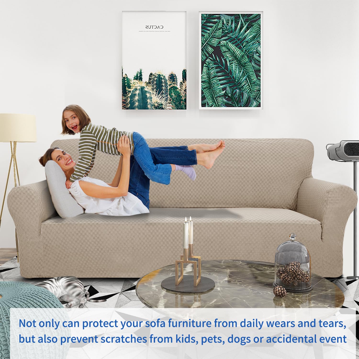 ZNSAYOTX 1 Piece Jacquard Couch Covers for 2 Cushion Couch High Stretch Loveseat Slipcover for Pets Dogs Anti Slip Love Seat Sofa Slipcover Furniture Protector (Loveseat, Khaki)