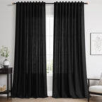 Nanspring Extra Long Black Linen Curtains 108 Inches Long 2 Panels Set for Living Room Privacy Simple Modern Semi Sheer Curtains Linen Textured Curtain for Bedroom Large Window 70x108