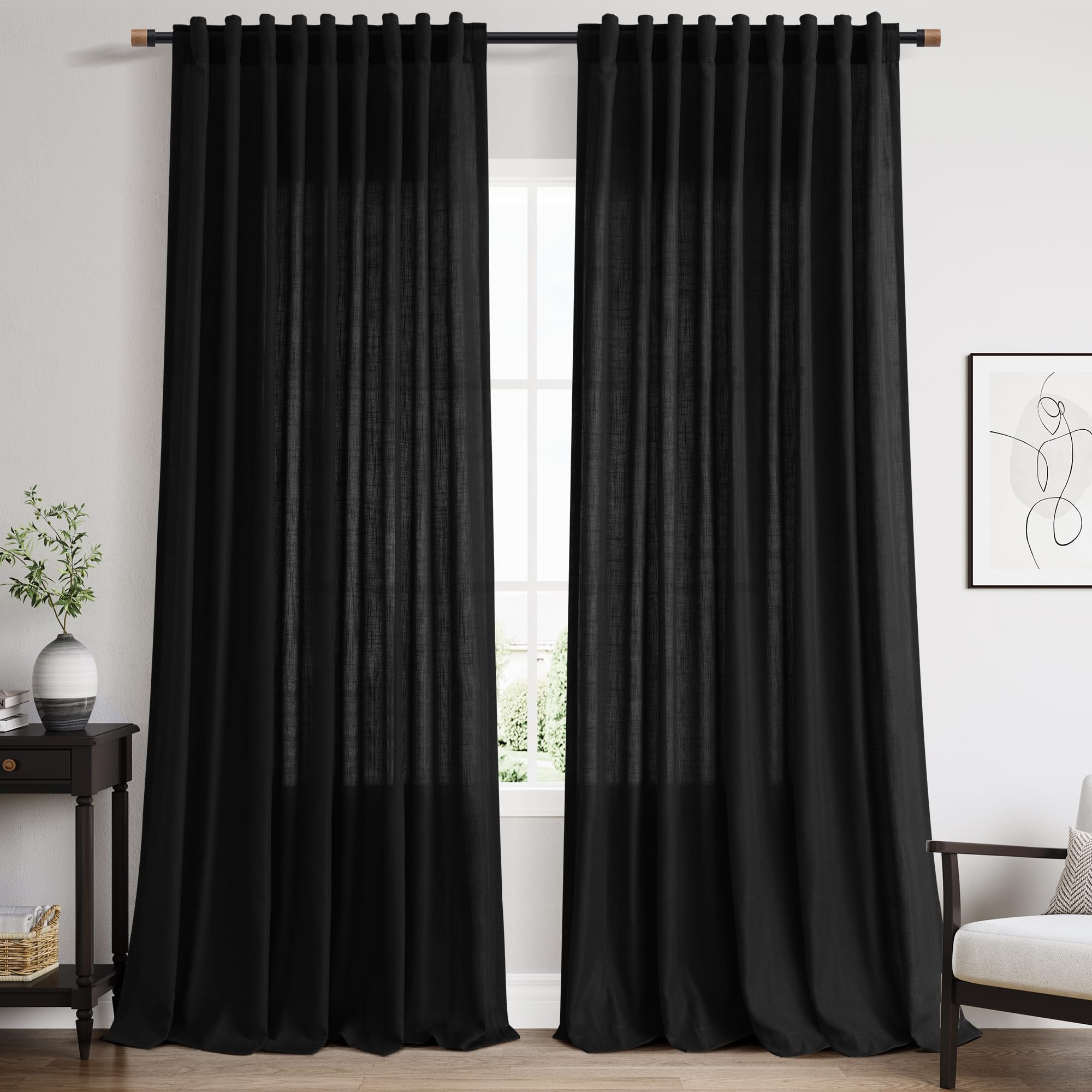 Nanspring Black Linen Curtains 90 Inches Long for Living Room Back Tab and Rod Pocket Semi Sheer Privacy Curtains Simple Modern Cotton Textured Curtain for Bedroom 70x90,2 Panel