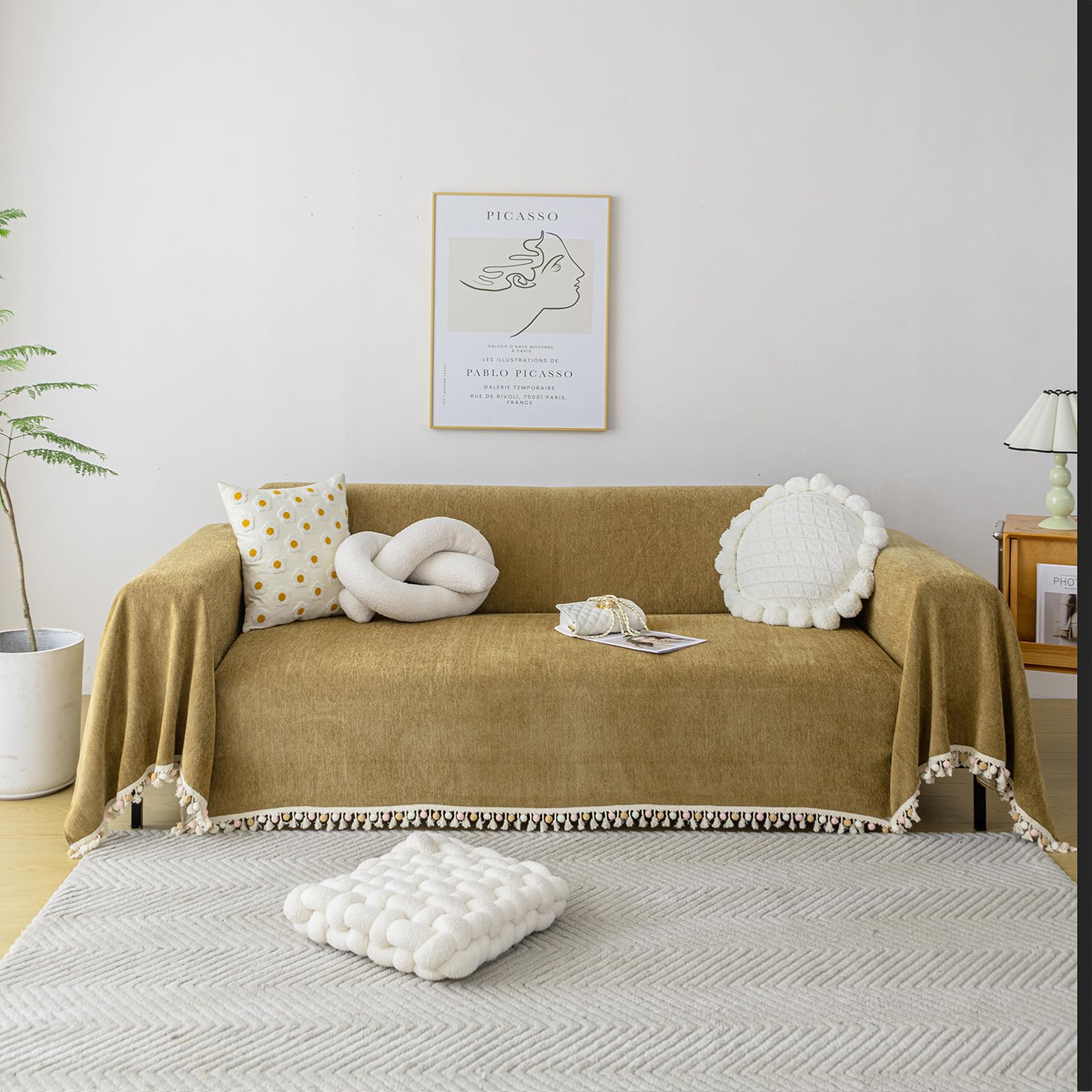 HANDONTIME Couch Covers for Pets Boho Mustard Yellow Love Seat Couch Covers Brown Sofa Cover for Dogs Pet Couch Protector Chenille Tassel Sofa Slipcovers Sofa Throw Cover Boho Decor for Living Room
