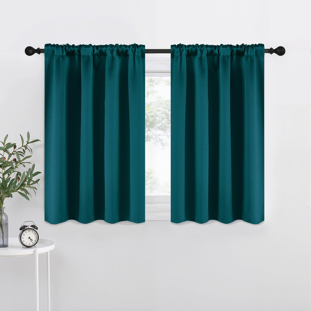 NICETOWN Teal Blackout Cafe Faux Silk Curtains for Small Windows, 42" Wide by 36" Long, 2 Panels, Rod Pocket Thermal Insulated Blackout Satin Drapes for Kitchen