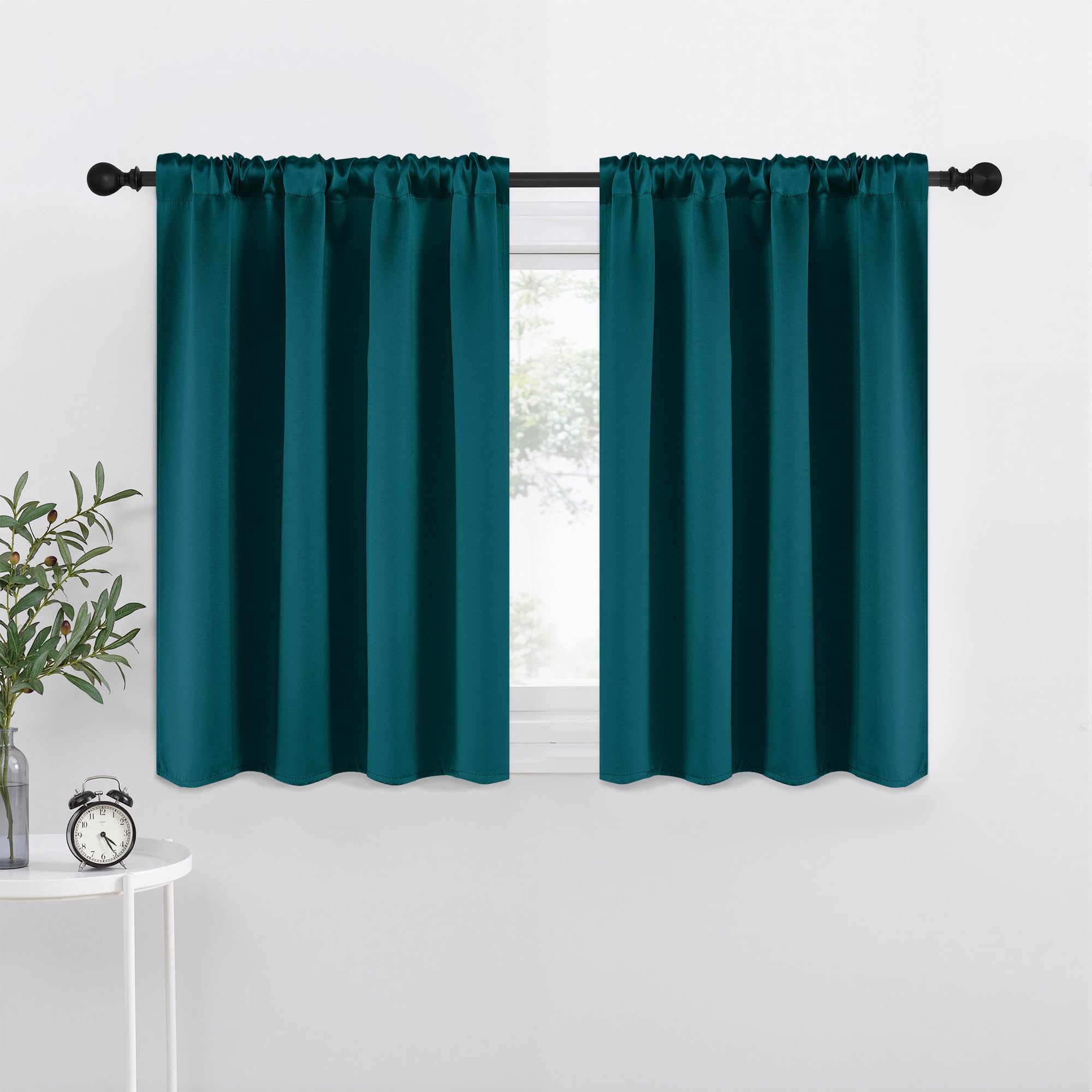 NICETOWN Teal Blackout Cafe Faux Silk Curtains for Small Windows, 42" Wide by 36" Long, 2 Panels, Rod Pocket Thermal Insulated Blackout Satin Drapes for Kitchen
