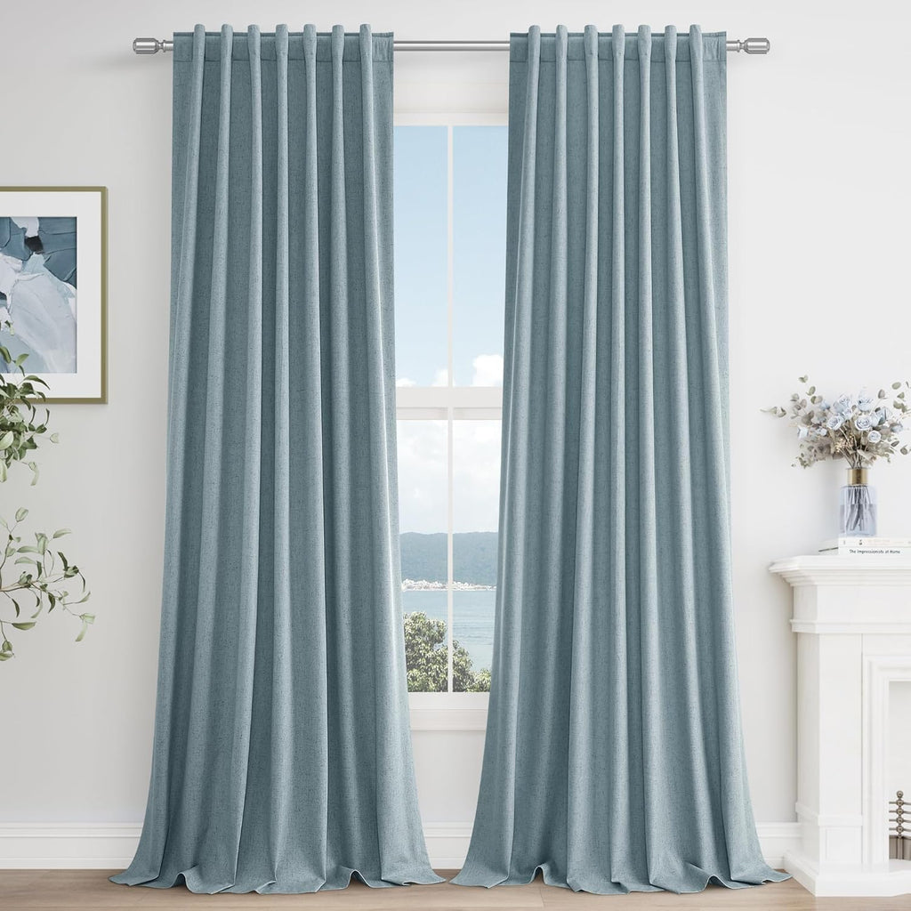 Guken Blue 100% Blackout Curtains 92 Inch Length 2 Panels Set for Living Room Bedroom Back Tab Thermal Insulated Black Out Linen Drapes Room Darkening Window Curtains 92 Inches Long Dusty Blue