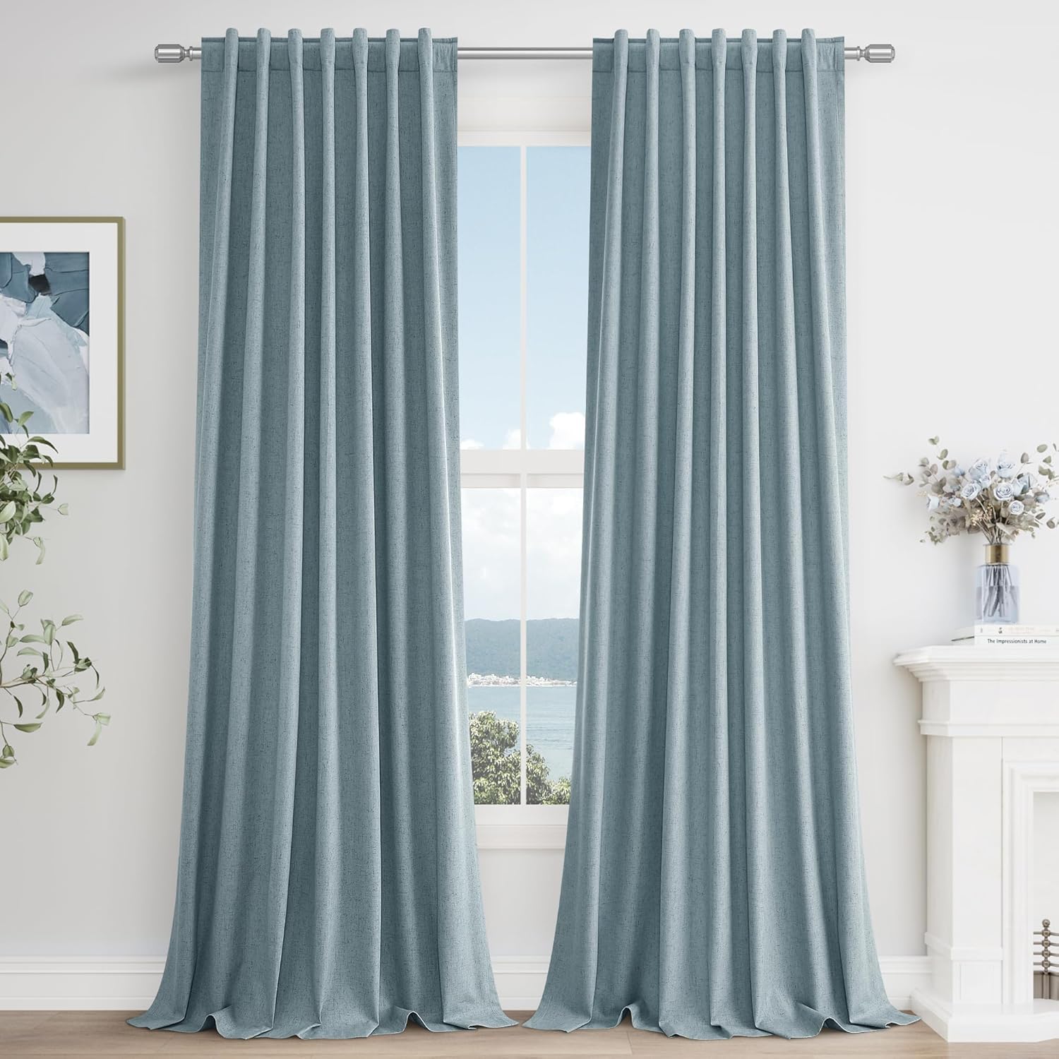 Guken Blue 100% Blackout Curtains 92 Inch Length 2 Panels Set for Living Room Bedroom Back Tab Thermal Insulated Black Out Linen Drapes Room Darkening Window Curtains 92 Inches Long Dusty Blue