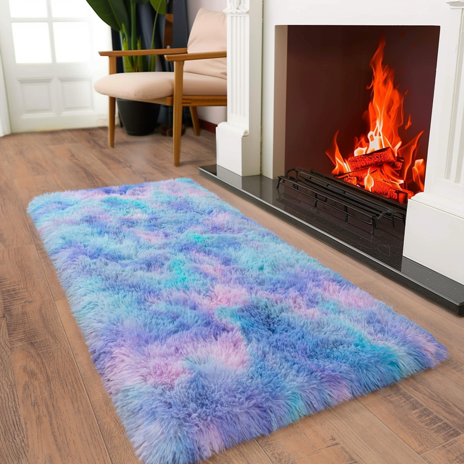 Ailyei Soft Runner Rugs for Bedroom Hallways, 2x4 Purple Rainbow Fluffy Shag Throw Area Rug Non Slip for Bedside Dorm, Long Shaggy Furry Carpet for Nursery Living Room