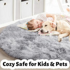 Amdrebio Tie-Dye Light Grey Round Circle Area Rugs 5Ft for Living Room Bedroom, Soft Fluffy Fuzzy Shag Rug for Kids Room Home Office, Furry Plush Indoor Floor Shaggy Gray Carpet for Baby Nursery Dorm