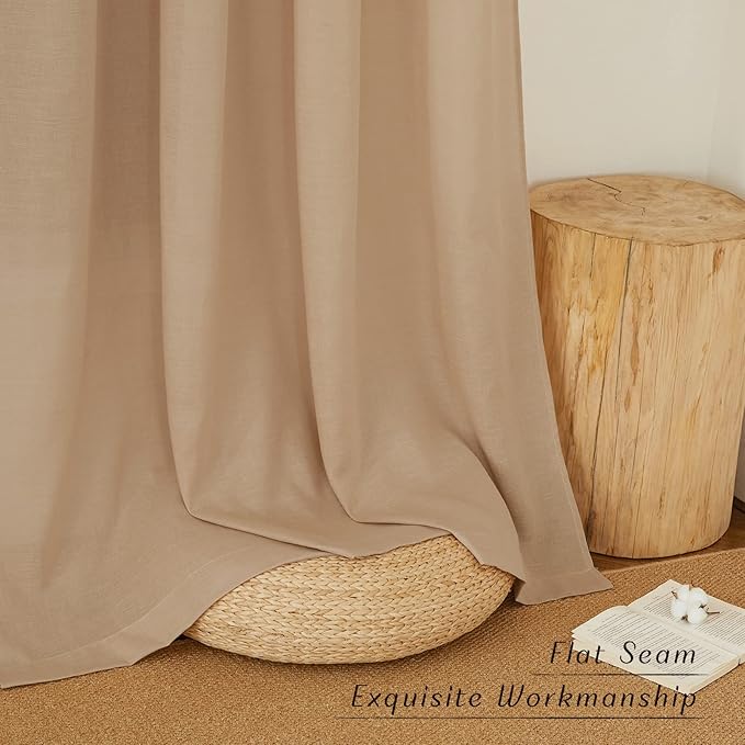 NICETOWN Living Room Linen Curtains Thick Flax Texture 96 inch Long, Grommet Semi Sheer Privacy Assured with Light Filtering Drapes for Bedroom/Living Room, Camel, W55 x L96, 2 Panels