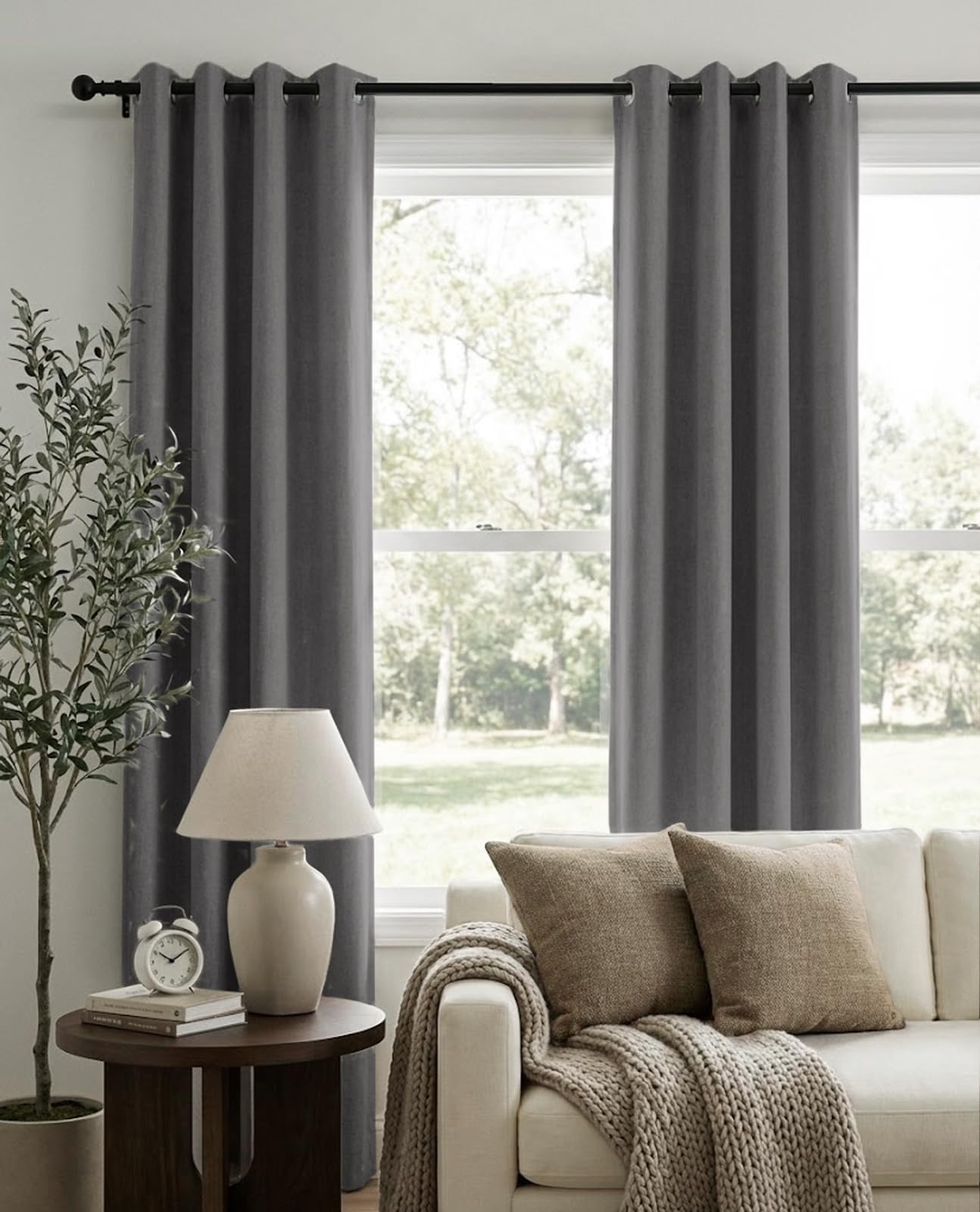 Linen Textured Total Blackout Curtains 90 Inches Long, Dark Gray