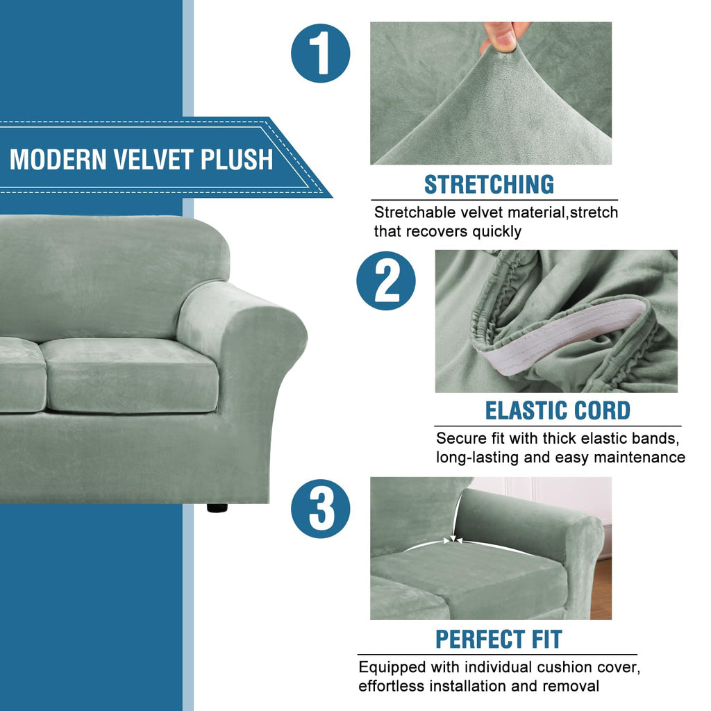 H.VERSAILTEX Real Velvet Plush 3 Piece Stretch Sofa Covers Couch Covers for 2 Cushion Couch Sofa Slipcovers Width Up to 90 Inch Thick Soft Stay in Place (Large Sofa, Sea Grass)