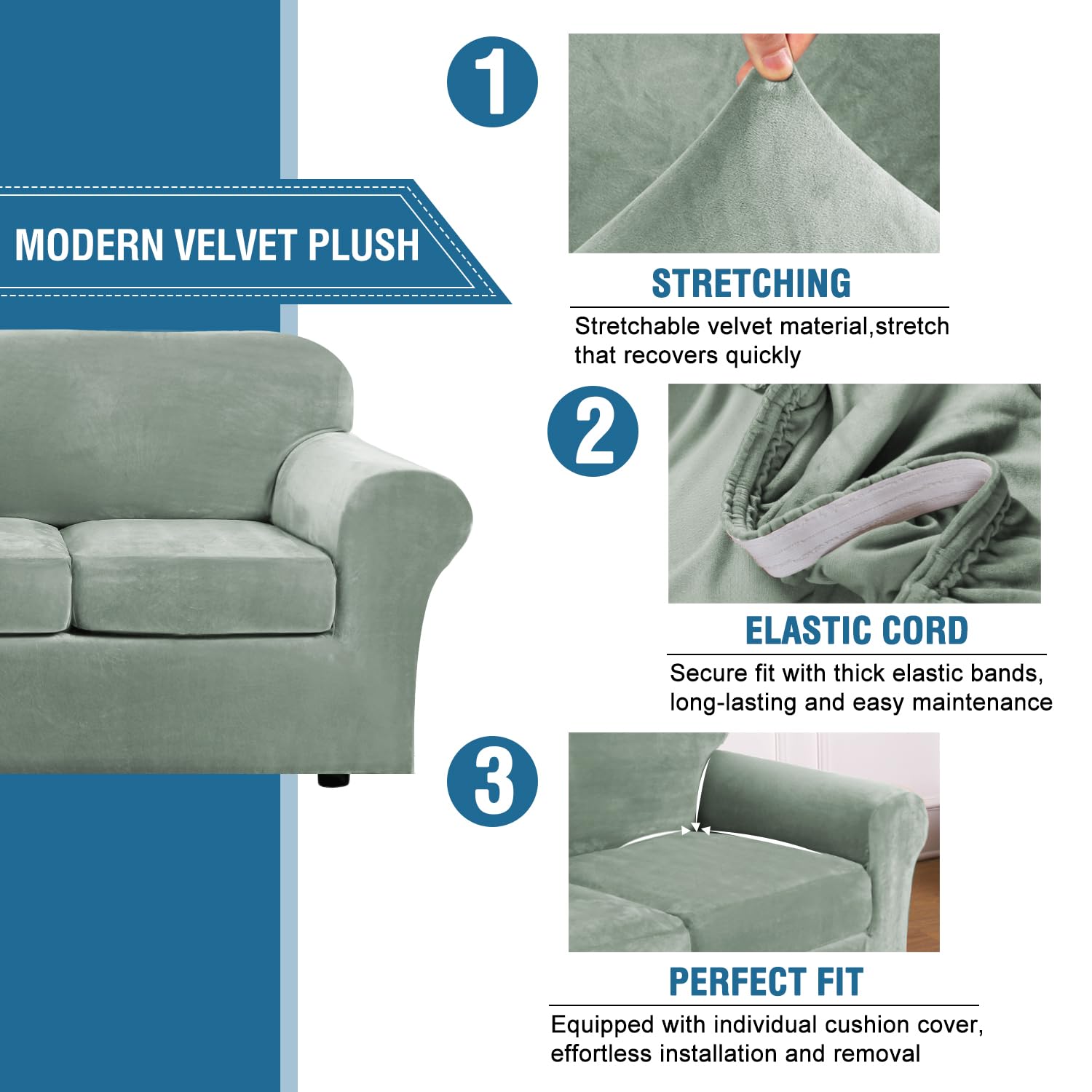 H.VERSAILTEX Real Velvet Plush 3 Piece Stretch Sofa Covers Couch Covers for 2 Cushion Couch Sofa Slipcovers Width Up to 90 Inch Thick Soft Stay in Place (Large Sofa, Sea Grass)