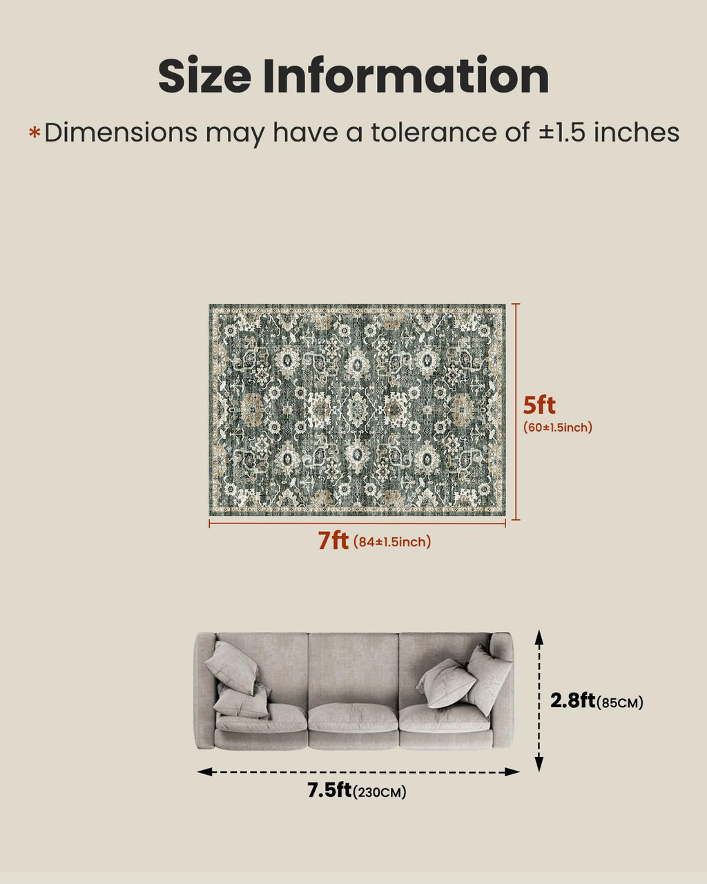 AMADA HOMEFURNISHING 5x7 Area Rugs, Washable Living Room Rug Low-Profile with Non-Slip Backing & Durable Edge Binding, Vintage 5x7 Rugs for Living Room, Bedroom, Dining Room