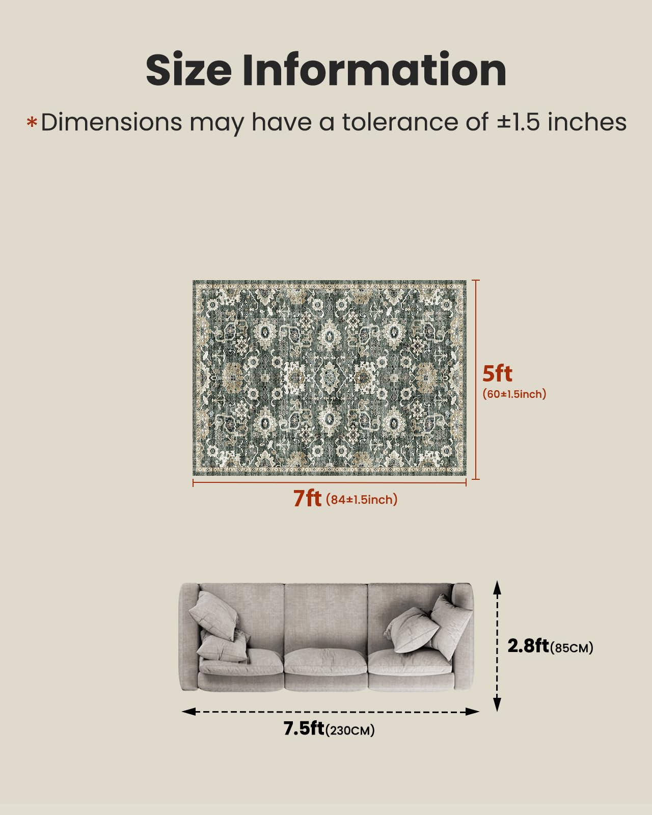 AMADA HOMEFURNISHING 5x7 Area Rugs, Washable Living Room Rug Low-Profile with Non-Slip Backing & Durable Edge Binding, Vintage 5x7 Rugs for Living Room, Bedroom, Dining Room
