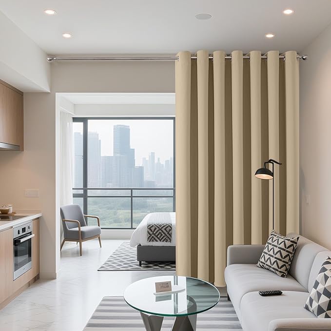 Joydeco Blackout Patio Sliding Door Curtains 90 Inches Long, Grommet Privacy Room Divider Curtains, Extra Wide Thermal Blackout Drapes for Bedroom Living Room (Light Beige, 60Wx90L, 1 Panel)