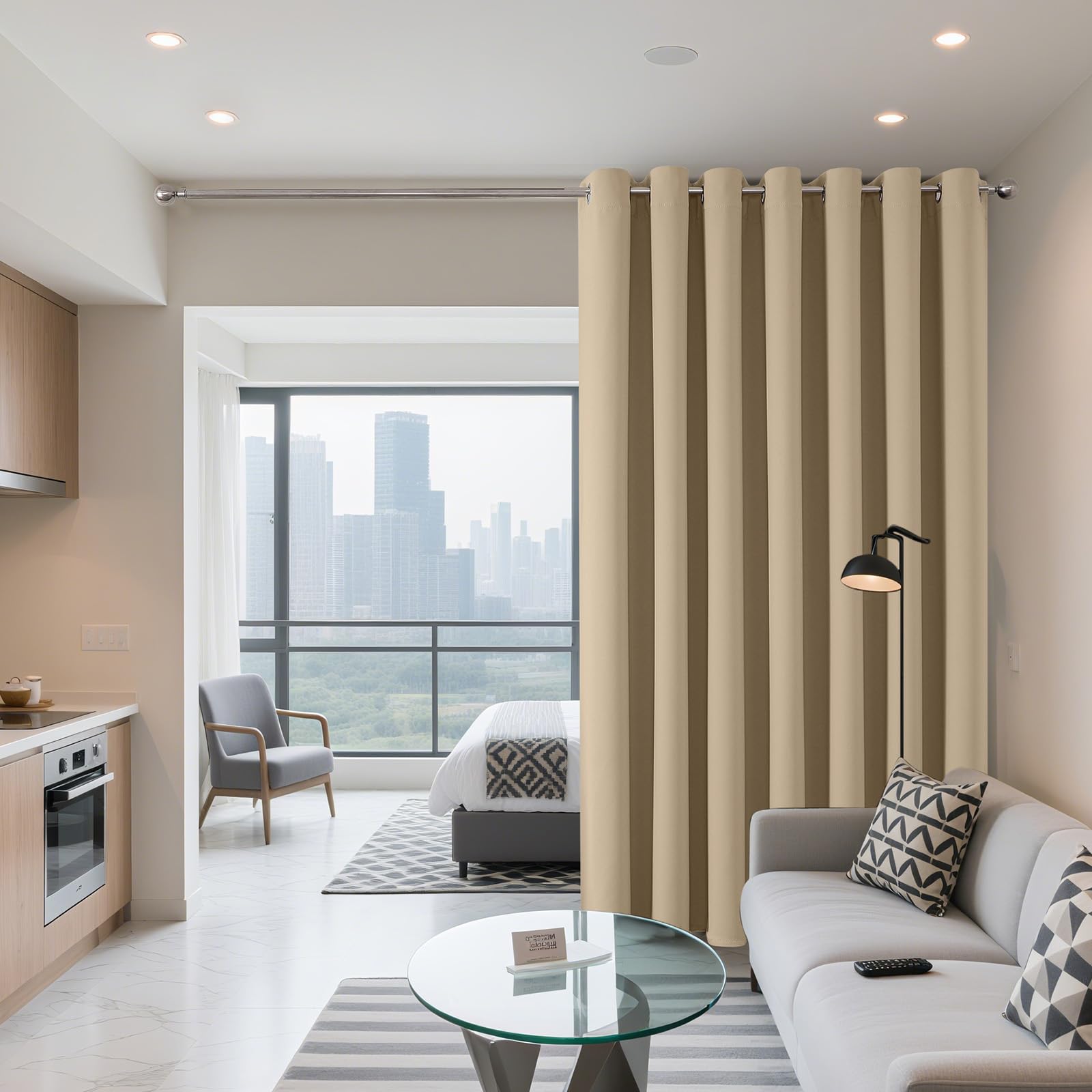 Joydeco Blackout Patio Sliding Door Curtains 84 Inches Long, Grommet Privacy Room Divider Curtains, Extra Wide Thermal Blackout Drapes for Bedroom Living Room (Light Beige, 60Wx84L, 1 Panel)