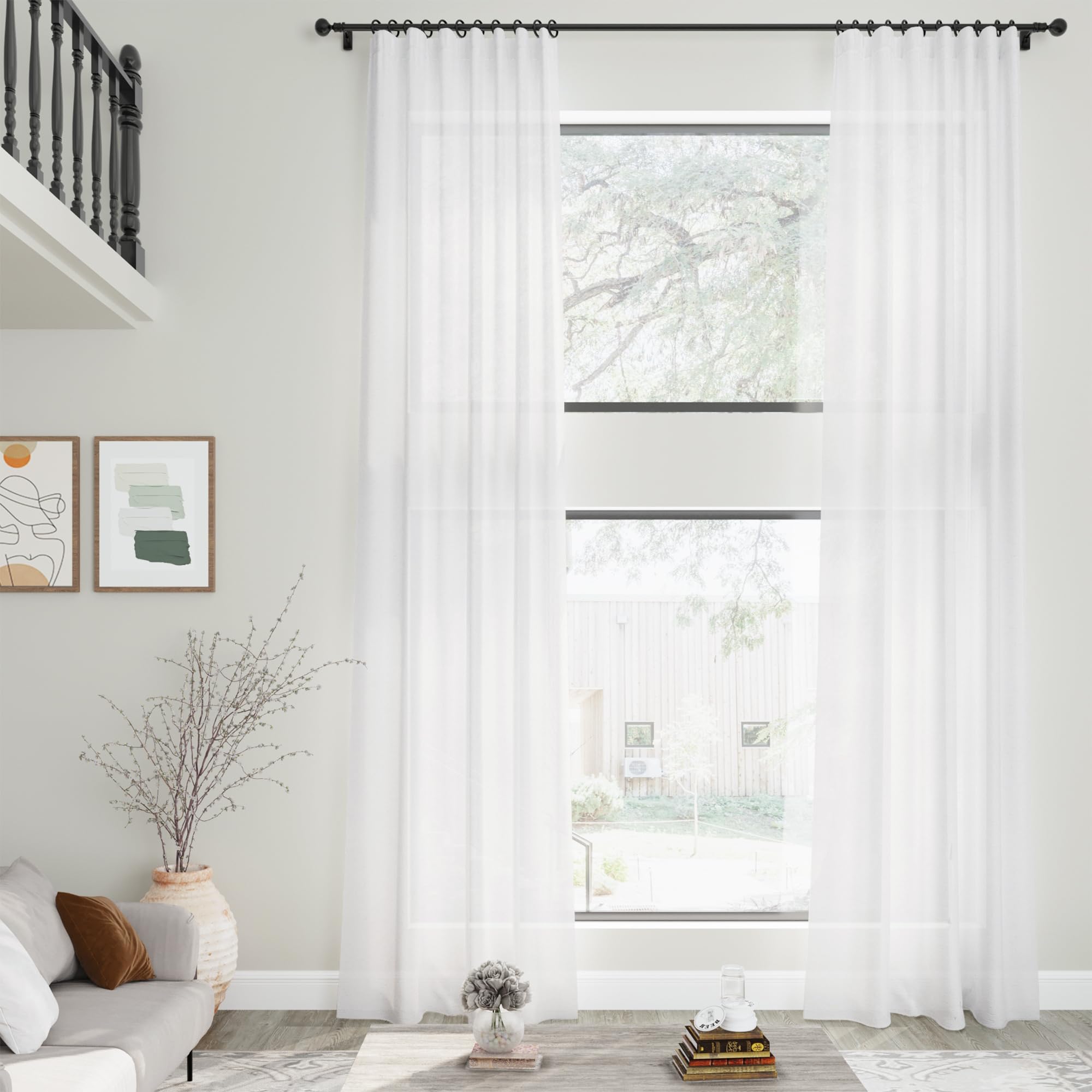 Nanspring Mist Sage Linen Curtains Semi Sheer 96 Inches Long 2 Panels Set for Living Room Back Tab Rod Pocket Light Filtering Drape for Bedroom Modern Farmhouse Coastal Decor Protect Privacy 52x96 — 기타