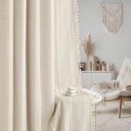 Boho Blackout Curtains 96 Inches Long Beige Linen Blend 2 Panels with Tassels and Cotton Embroidery, Farmhouse Vintage Rustic Rod Pocket Drapes for Living Room or Bedroom