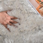 ORINOVA White and Grey Round Shag Rug 4ft Faux Sheepskin Fur Rugs for Living Room Small Circle Washable Plush Rug for Nursery Cute Room Décor
