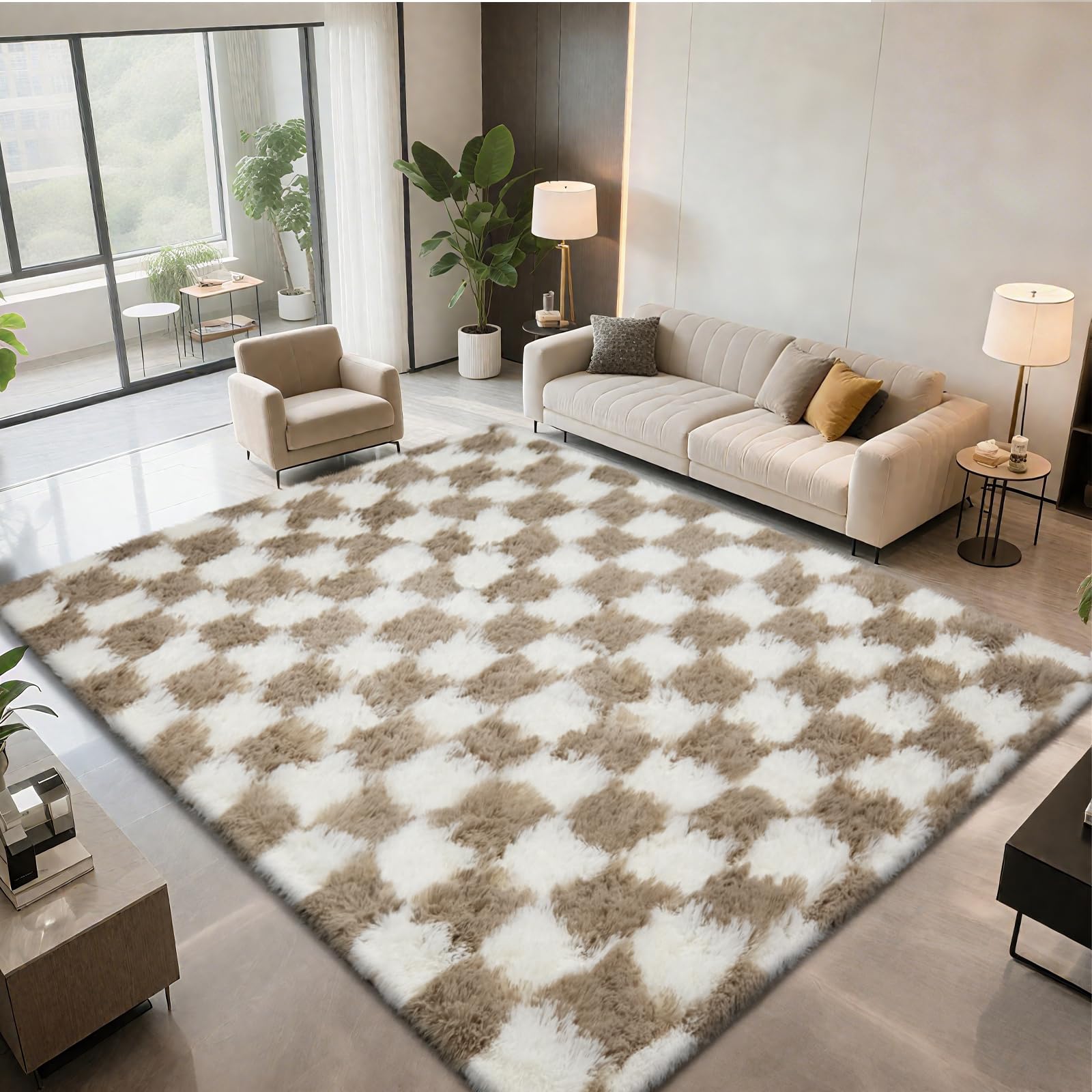 Checkered Area Rugs for Living Room 6x9, Fluffy Beige and White Checkered Rug Fuzzy Shag Shaggy Carpets for Bedroom, Soft Plush Furry Rug for Teen Room Dorm Home Decor