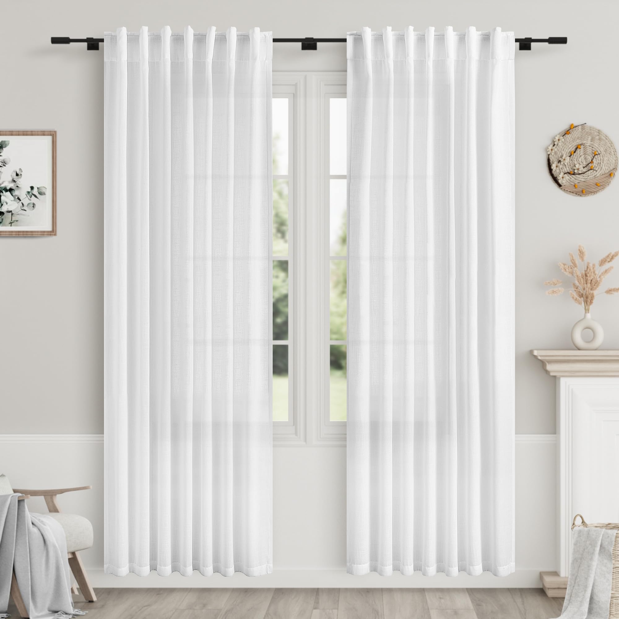 White Linen Curtains 80 inches Long for Bedroom Back Tab Light Filtering Privacy Sheer White Curtains Modern Farmhouse Coastal Decor Cotton Textured Gauze Curtain 2 Panel Set 52x80