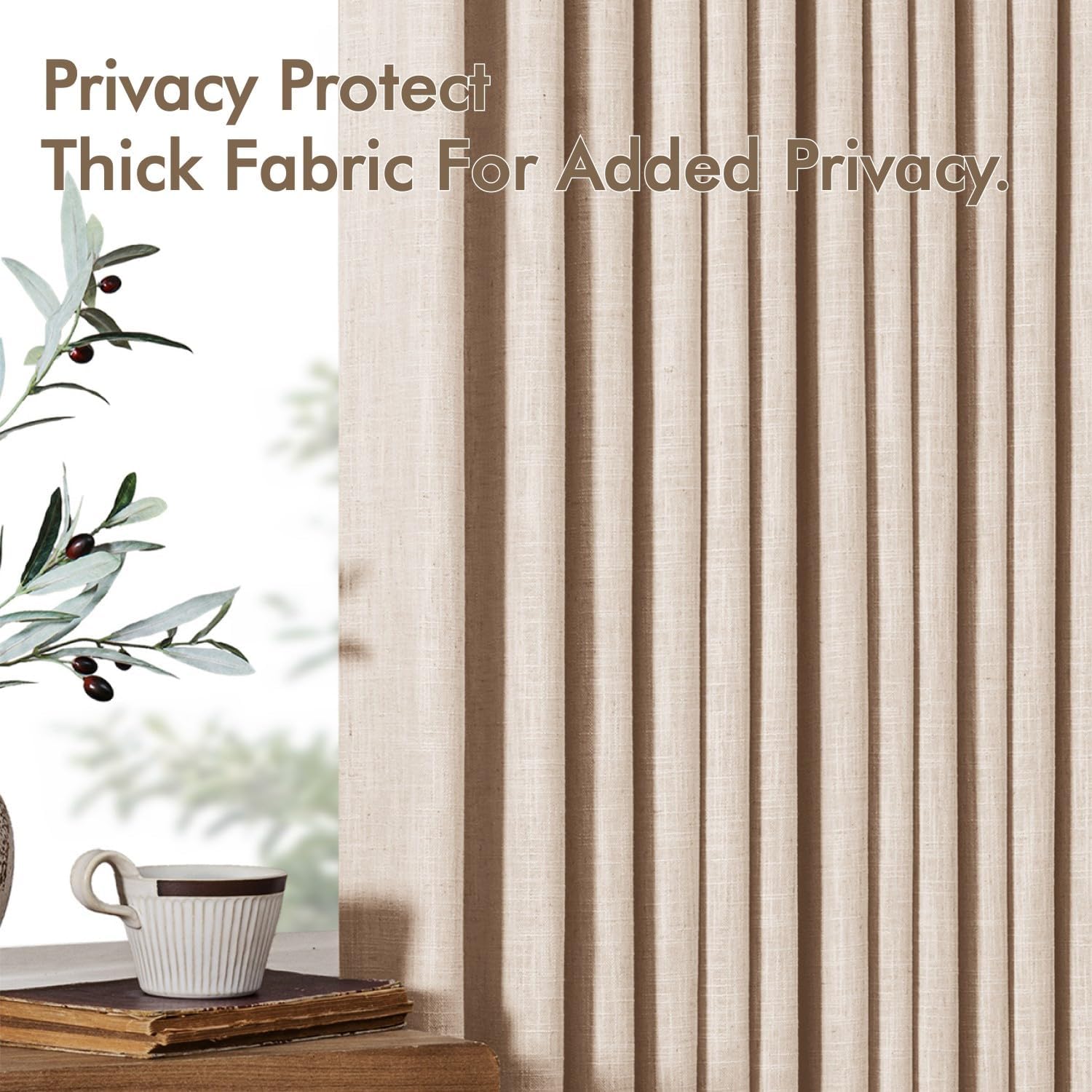 MIULEE Pinch Pleated Linen Curtains 90 Inches Long Sand Beige with Hooks