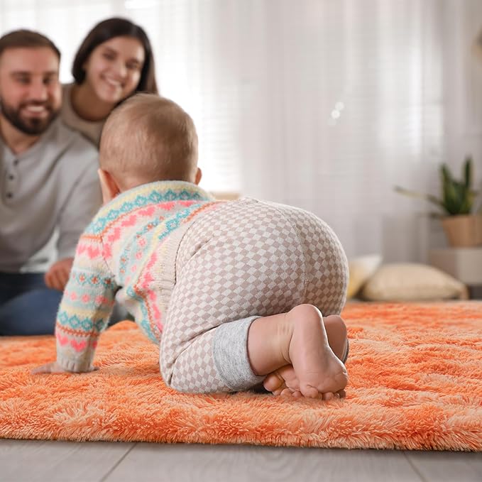 Goideal Fluffy Rug for Bedroom Living Room, 3x5 Orange Area Rugs, Faux Fur Shag Modern Carpet Ultra Soft Girls Boys Room Home Decor, Tie-Dyed