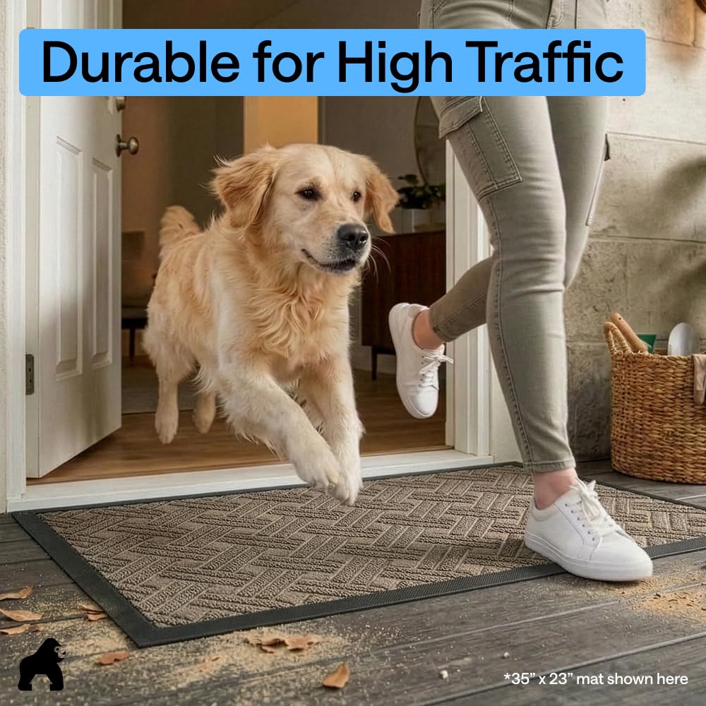 GORILLA GRIP 100% Waterproof All-Season WeatherMAX Doormat, 47x35, US Designed Natural Rubber, Stain and Fade Resistant, Low Profile Indoor Outdoor Door Mats, Easy Clean Patio Mat, Taupe Basket Weave