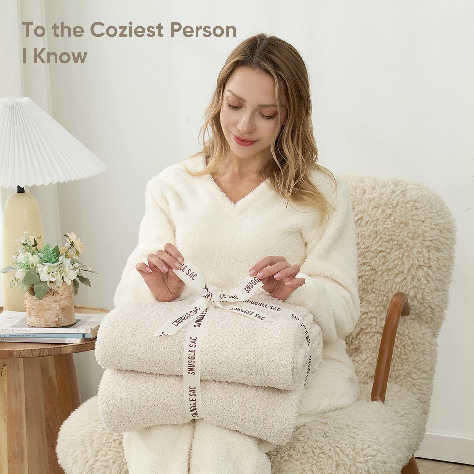 Snuggle Sac Buttery Ivory Throw Blanket for Couch, Reversible Super Soft Knitted Blankets, Warm Cozy Knit Fuzzy Plush Lightweight Throws Dupes for Sofa, Bed, Picnic, Ivory, 50 x 60 inches