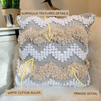 Throw Boho Pillow Cover, 18”x18” Bohemian Moroccan Rustic Decorative Pillows with Tufted Accents, Plush Handwoven Cotton, Textured Woven Neutral Farmhouse Scandinavian Home Decor (no Insert)