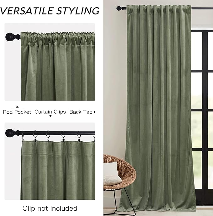 RYB HOME Sage Green Velvet Curtains 63 inches Length with Hook Tape, Thermal Insulated Privacy Protect Decorative Drapes for Bathroom Window, W 42 x L 63 inches, 2 Panels Set
