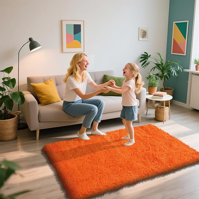 3x5 Area Rug for Bedroom, Orange Fluffy Shag Rug Small Rug Plush Carpet