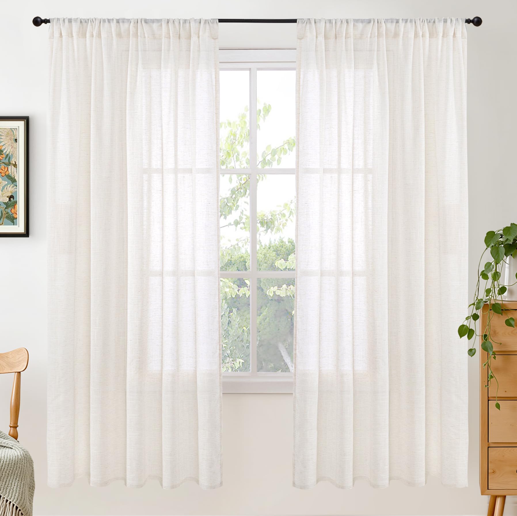 BGment Linen Semi Sheer Curtains 72 Inch Length for Living Room - Rod Pocket Natural Textured Window Drapes Light Filtering for Bedroom Lightweight Rustic, 2 Panels Set, 52 X 72 Inch