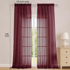 OWENIE Sheer Curtains 2 Panels Set for Bedroom Living Room, Soft Solid Rod Pocket Light Filtering Window Treatment, 2Pcs Each 59" W x 108" L, Burgundy Wine