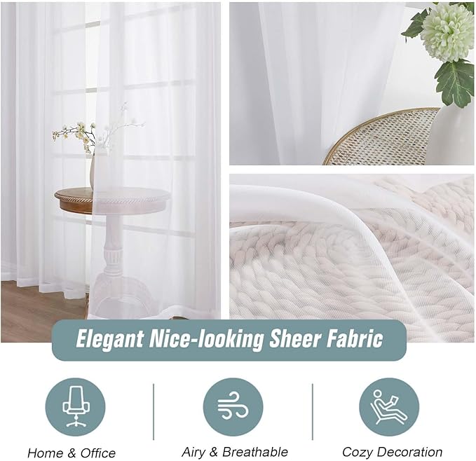 White Sheer Curtains for Window 96 Inches Long 2 Panels Set, Soft Airy Light Filtering Voile Sheer Curtains for Living Room Bedroom, Dual Rod Pocket Elegant Window Drapes, 2x42Wx96L Inches
