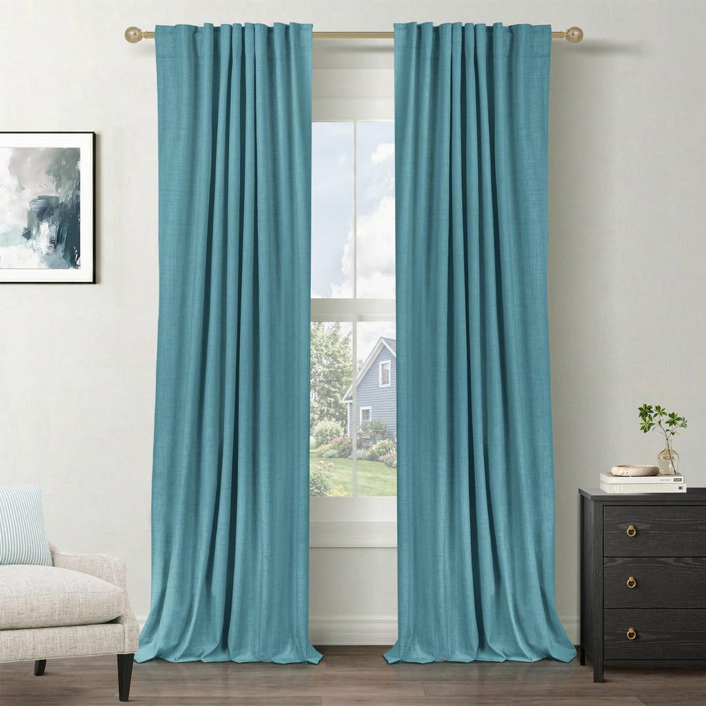 Faux Linen Total Blackout Curtains for Bedroom 90 Inches Long, Dark Cyan