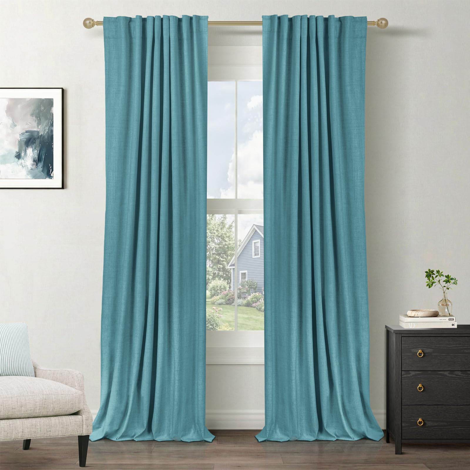 Faux Linen Total Blackout Curtains for Bedroom 90 Inches Long, Dark Cyan