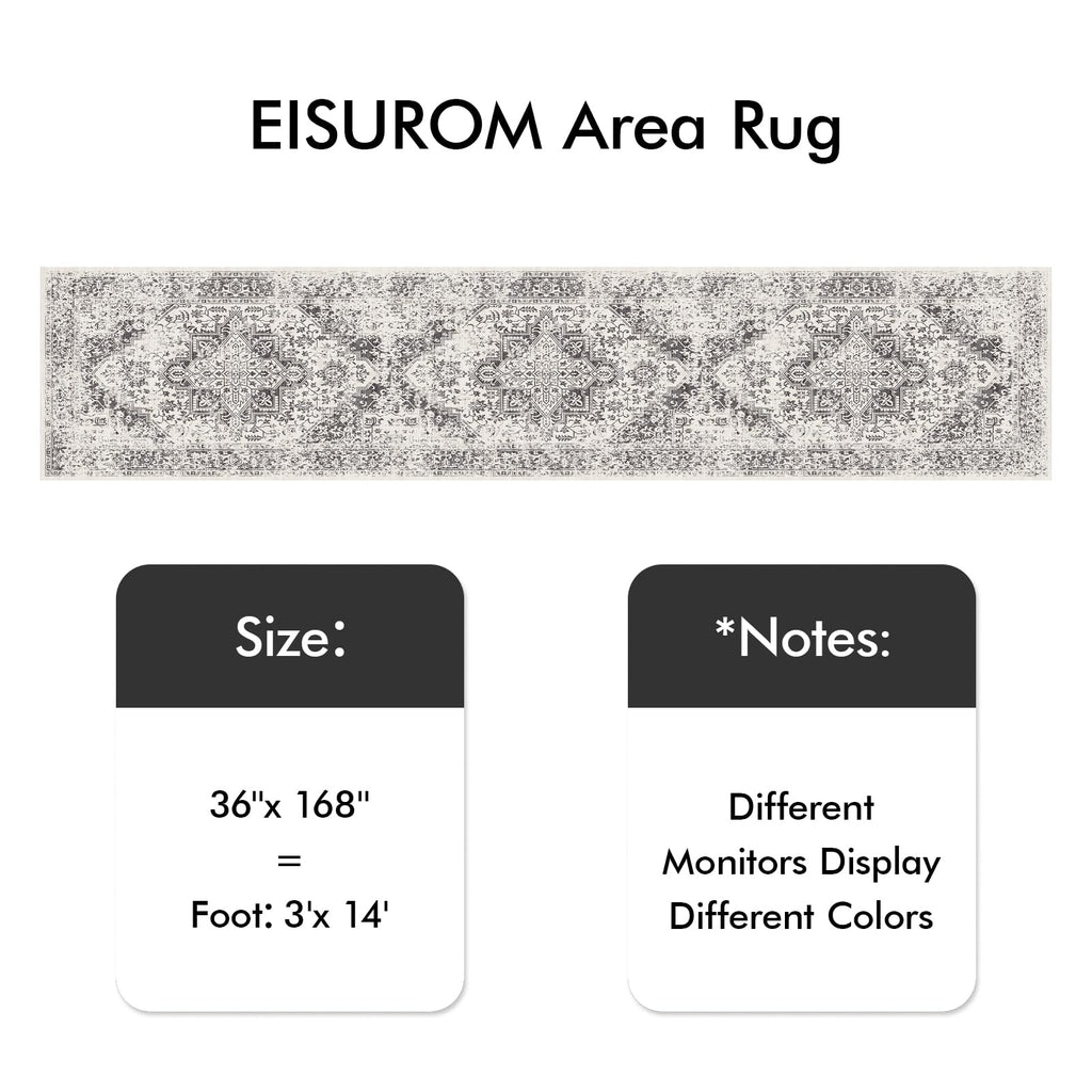 3x14 Washable Hallway Runner Rug: Long Vintage Soft Non Slip Rug Gray