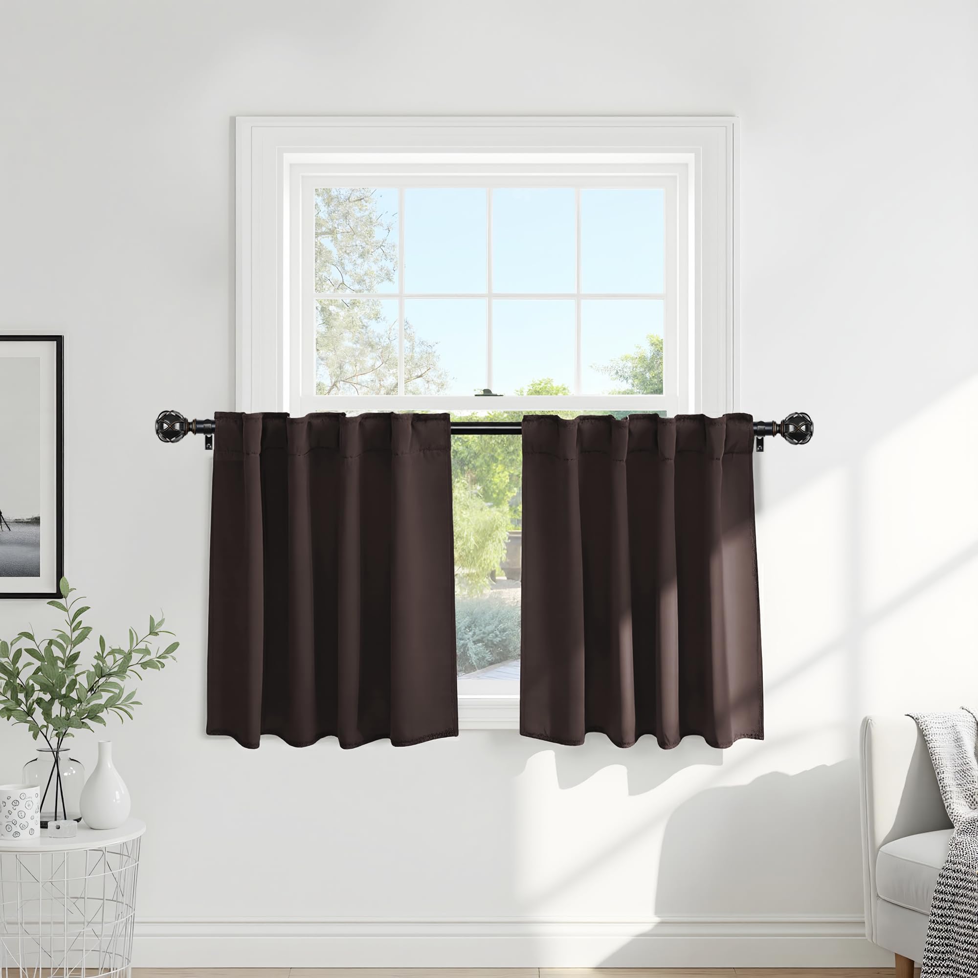 PONY DANCE Short Curtains for Bathroom Window, Small Half Drapes for Kitchen Windows, Energy Saving Curtain Tiers for Basement, 29W x 30L, Brown, 2 Pieces