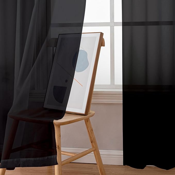 Simplebrand Black Sheer Curtains 108 Inches Long, Extra Long Rod Pocket Solid Color Window Sheer Curtain Panels, Elegant Curtains & Drapes for Living Room, Bedroom 2 Panels (Black, 59" W x 108" L)