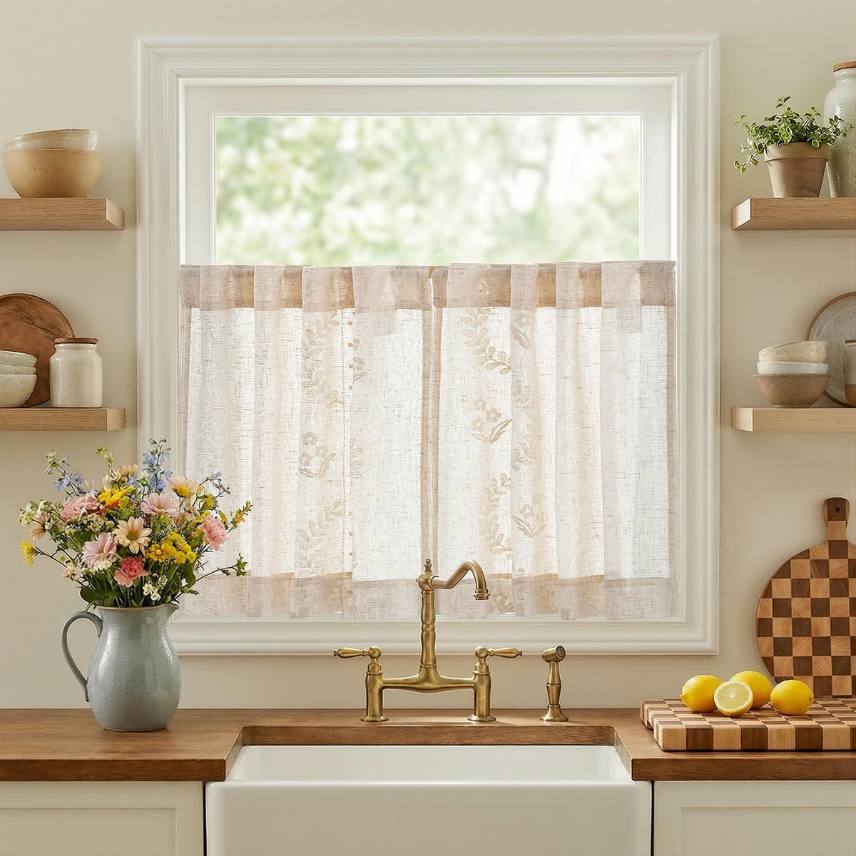 jinchan Floral Linen Curtains 84 Inch Farmhouse Back Tab 2 Panels