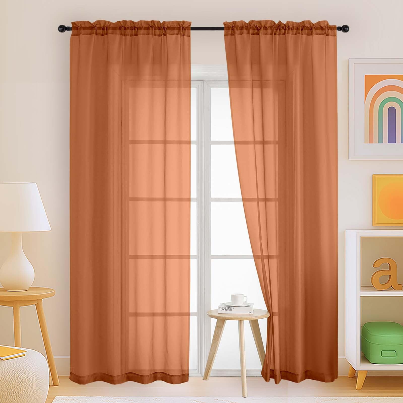 Ebesto Orange Sheer Curtains 84 Inches Long 2 Panels, Elegant Airy Transparent Light Filtering Window Curtains, Window Drapes for Living Room Bedroom, Top Dual Rod Pocket Design, 2x42Wx84L Inches