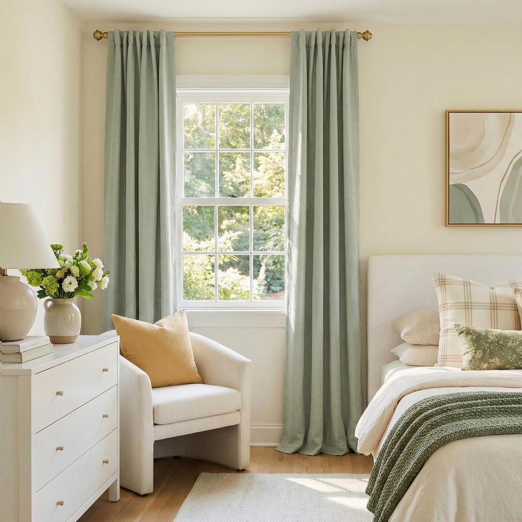 Faux Linen Total Blackout Curtains for Bedroom 96 Inches Long, Sage Green