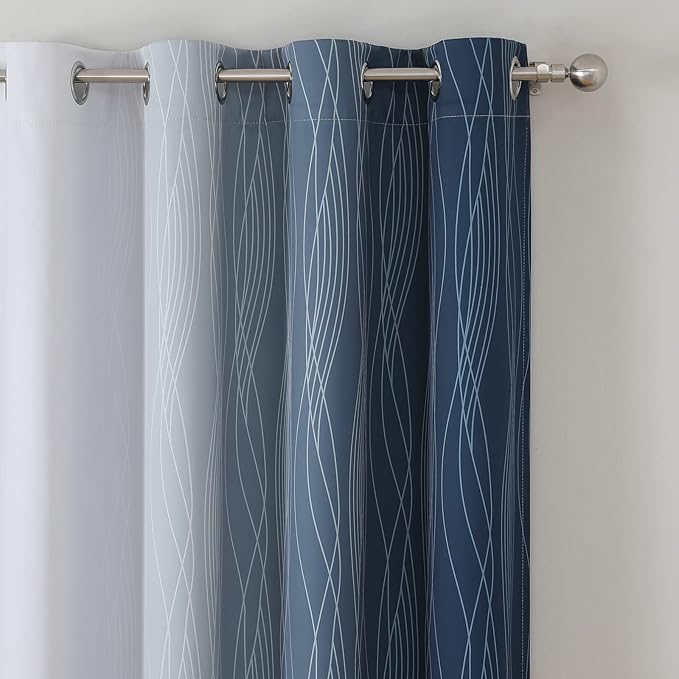 Navy Blue and Greyish White Blackout Curtains for Living Room 90 Inch Long