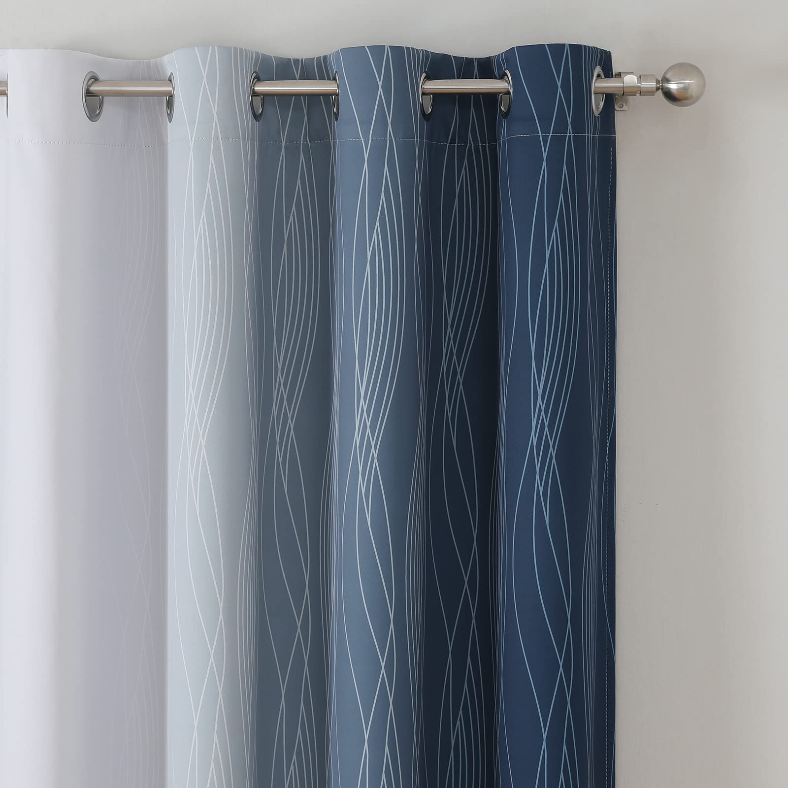 Navy Blue and Greyish White Blackout Curtains for Kitchen 36 Inch Length