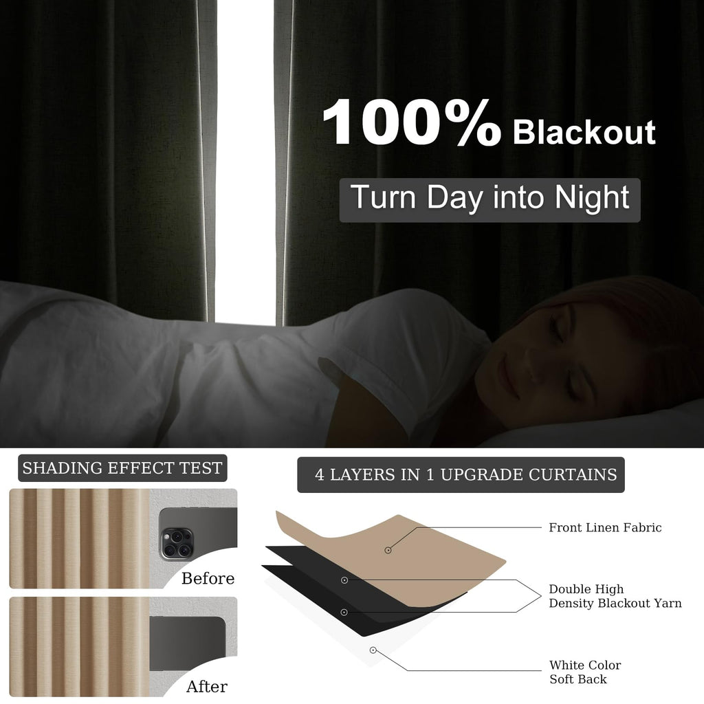 Topfinel 94 Inch Long Blackout Curtains for Bedroom Living Room Linen Textured Farmhouse Room Darkening/Thermal/Noise Reduction Window Treatment Drapes with Hooks 2 Panels, Camel Taupe